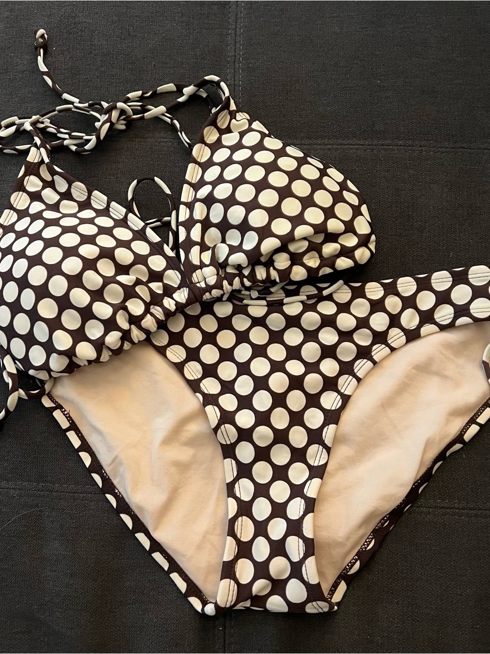 Y2K Xhiliration Brown & White Polka Dot Bikini Size Large Bottom Extra Large Top